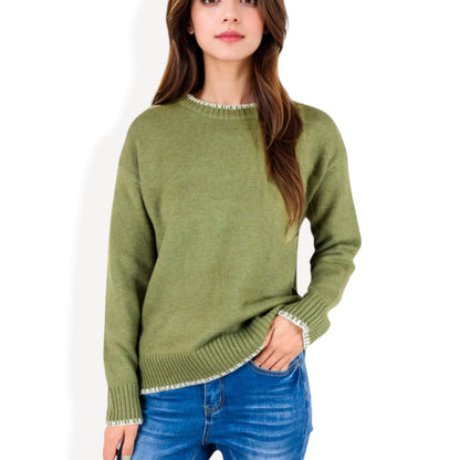 Anna-Kaci Women's Crew Neck Long Sleeve Knit Sweater with Contrast Trim and Ribbed Hem