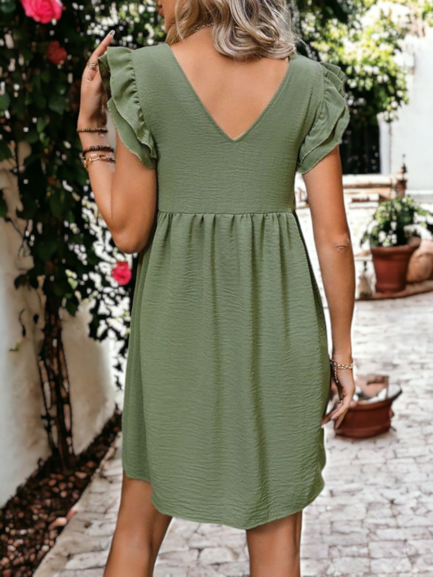 V-Neck Textured Button Down Ruffle Cap Sleeve Tunic Dress