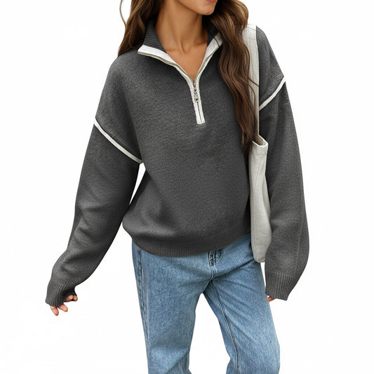 Long Sleeve Pullover Knit Top with Quarter Zip Front Contrast Trim and Ribbed Hem