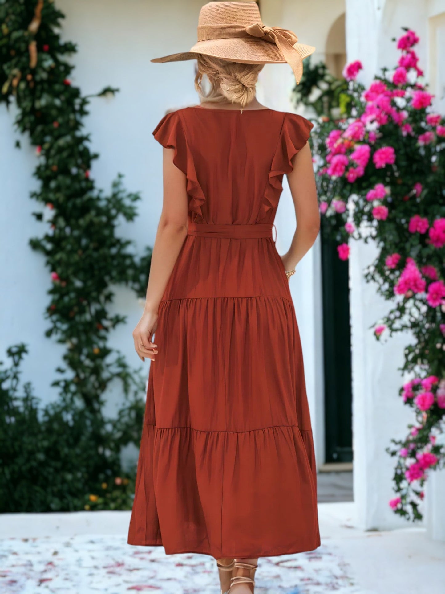 Square Neck Ruffle Detail Belted Sleeveless Maxi Dress