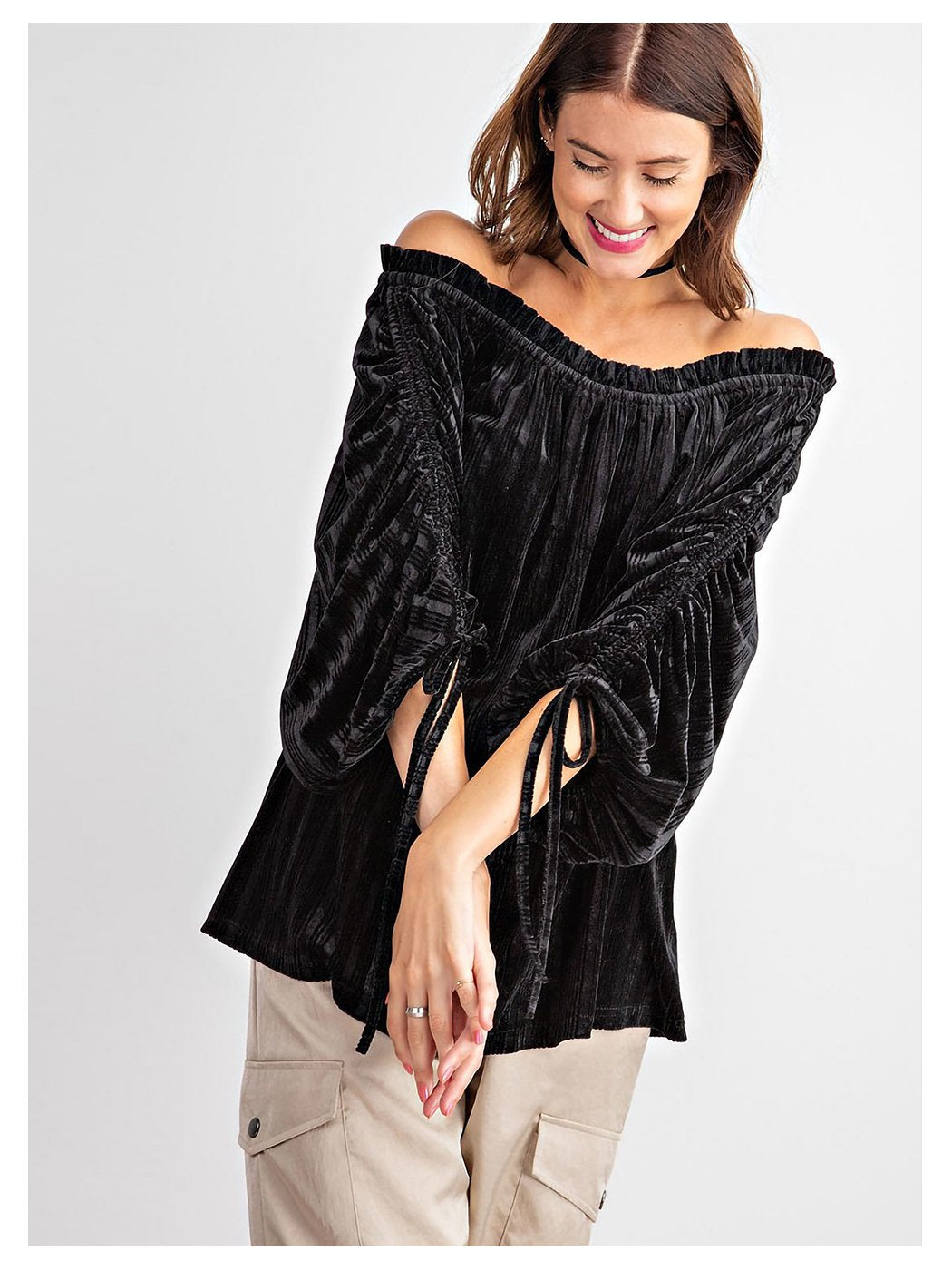 Velvet Ruched Tie-Up Quarter Sleeve Top