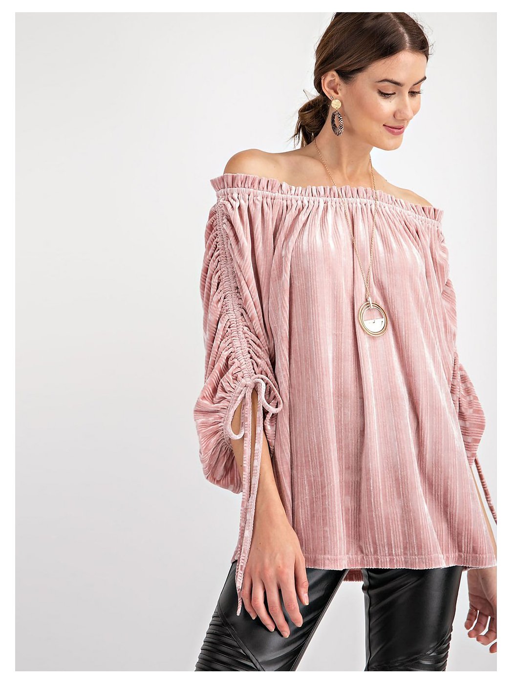 Velvet Ruched Tie-Up Quarter Sleeve Top