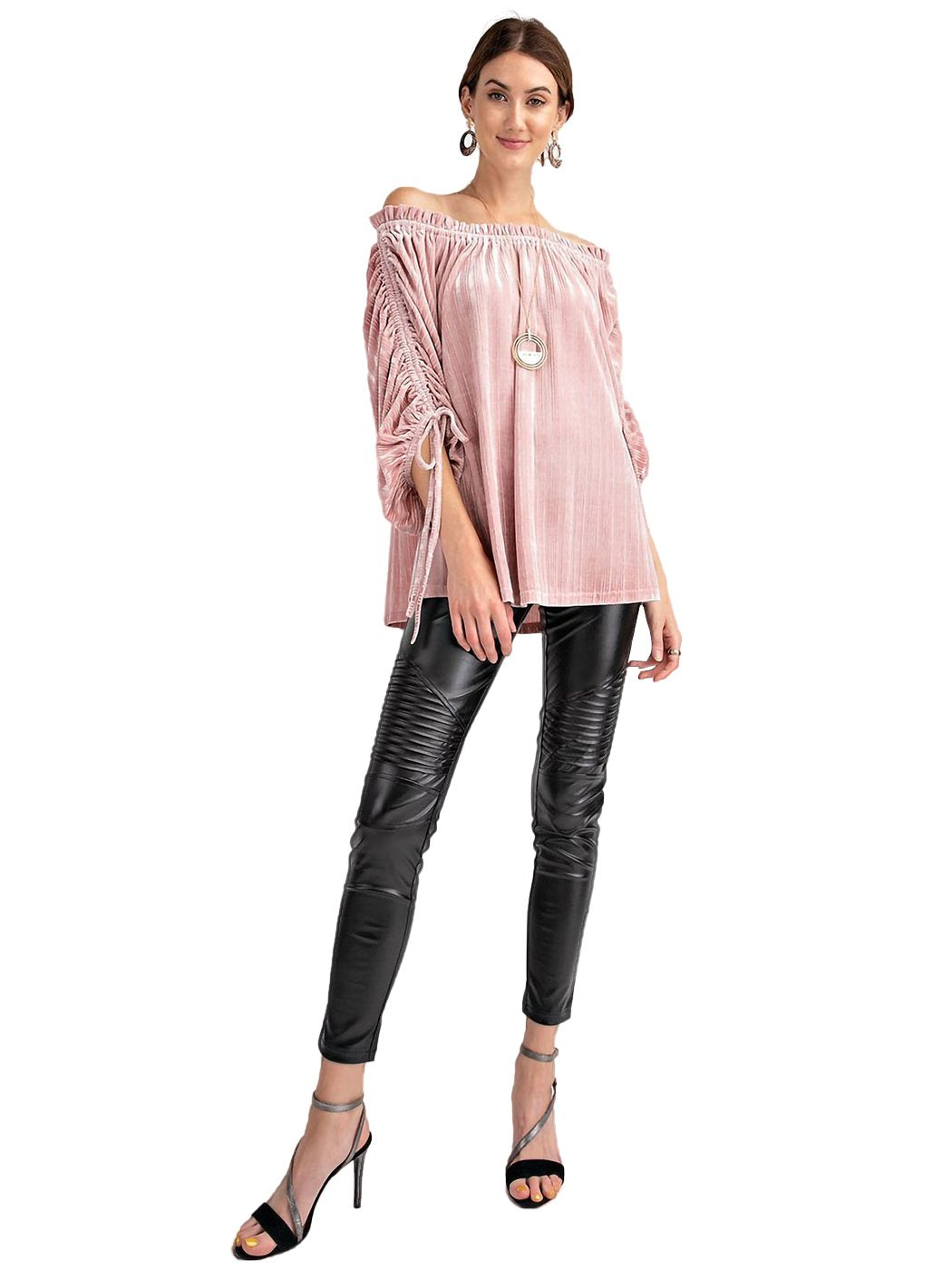 Velvet Ruched Tie-Up Quarter Sleeve Top