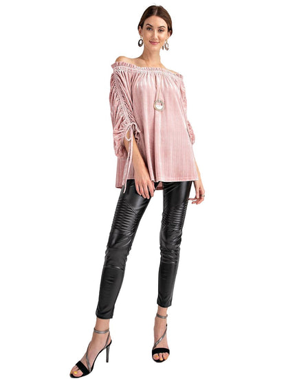 Velvet Ruched Tie-Up Quarter Sleeve Top