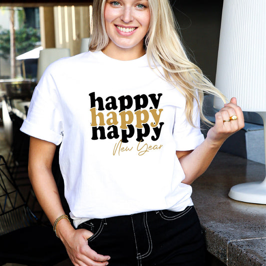 Joyful Beginnings: 'Happy Happy Happy New Year' Tee