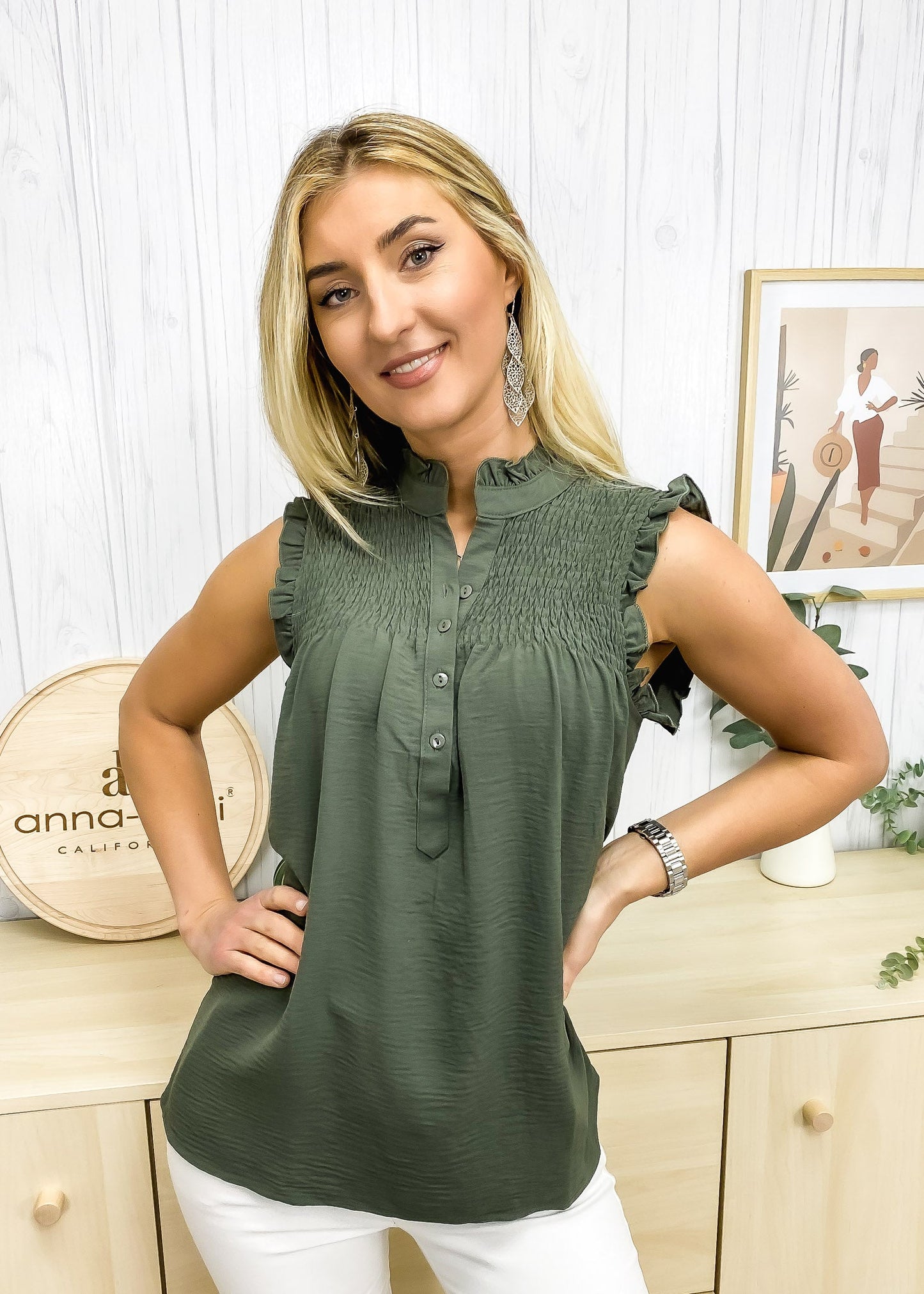 Shirred Neck Half Button Blouse