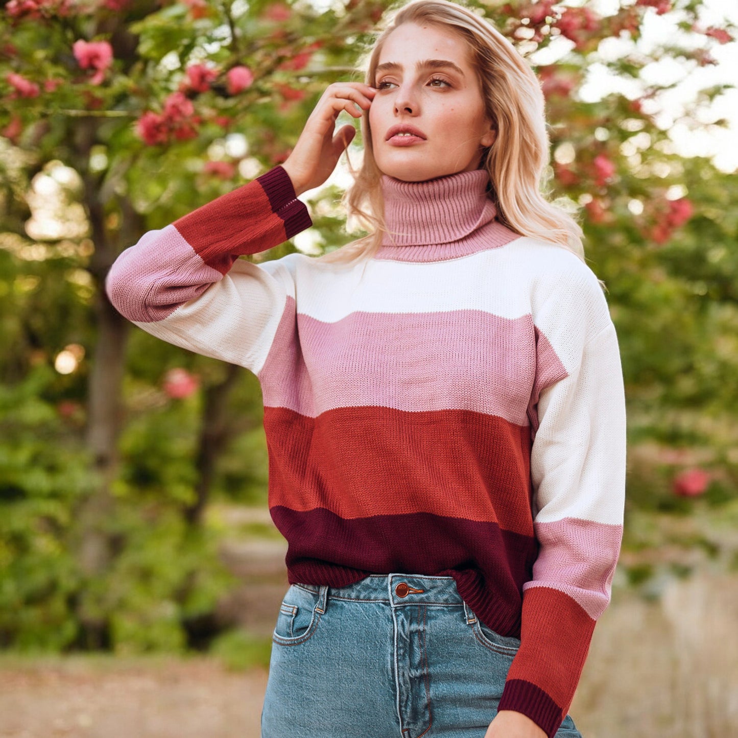 Striped Turtleneck Knit Pullover Sweater with Long Sleeves