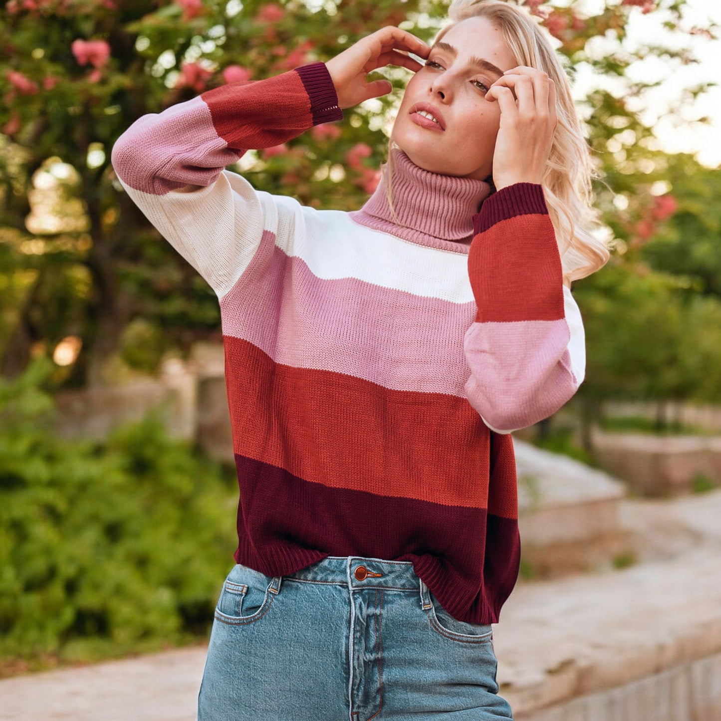 Striped Turtleneck Knit Pullover Sweater with Long Sleeves