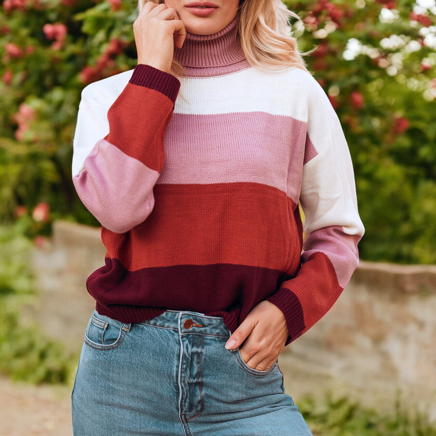 Striped Turtleneck Knit Pullover Sweater with Long Sleeves