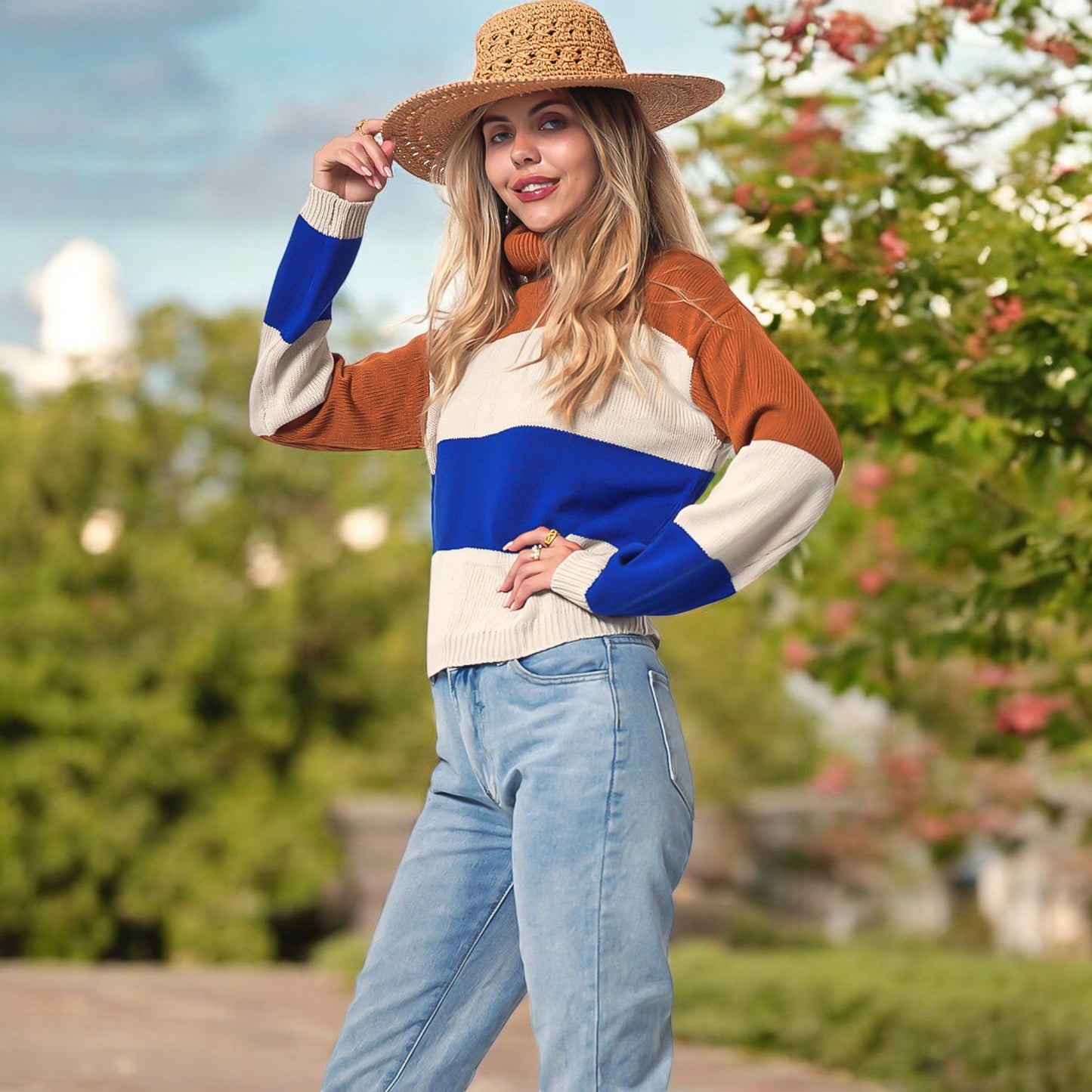 Striped Turtleneck Knit Pullover Sweater with Long Sleeves