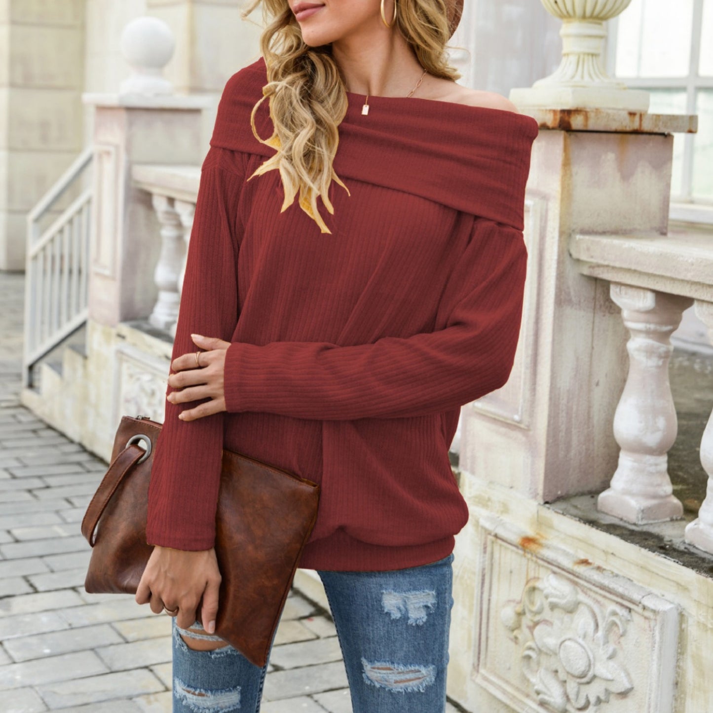 Off Shoulder Ribbed Knit Long Sleeve Pullover Top