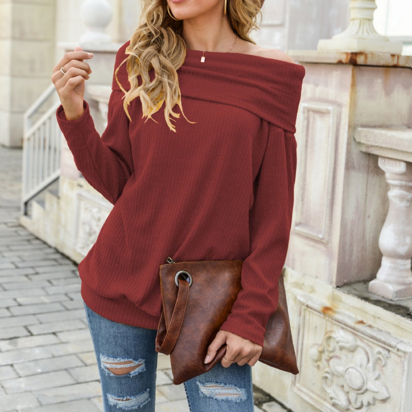 Off Shoulder Ribbed Knit Long Sleeve Pullover Top