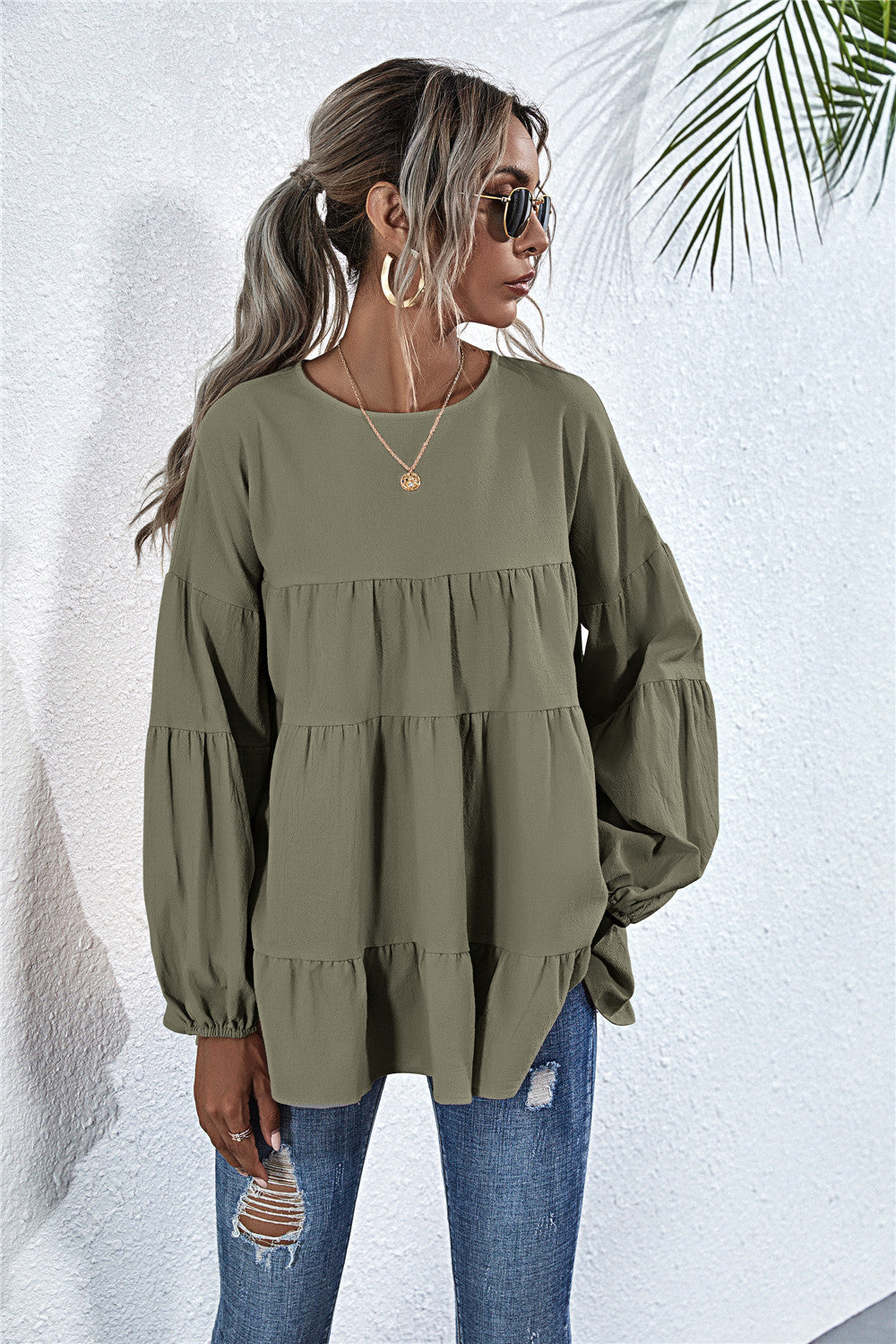 Gathered Ruffle Long Sleeve Blouse