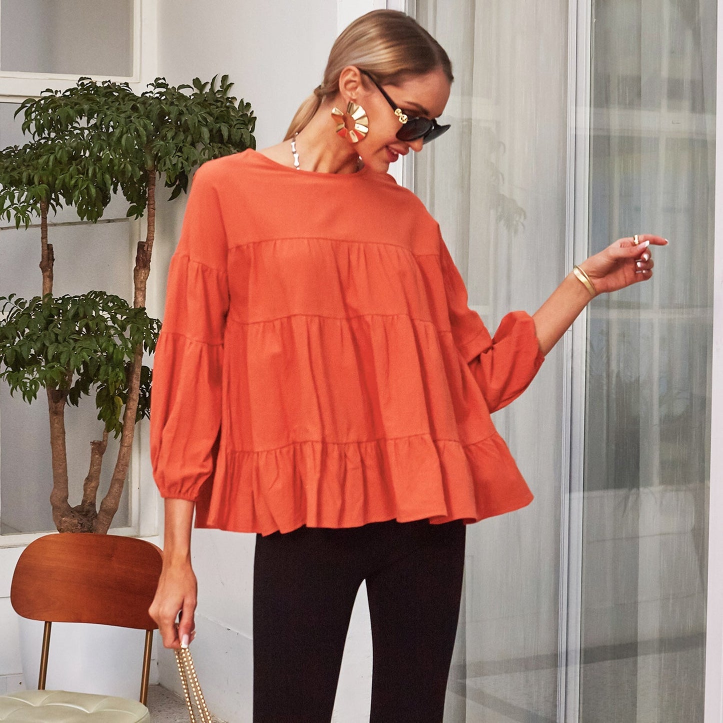 Gathered Ruffle Long Sleeve Blouse