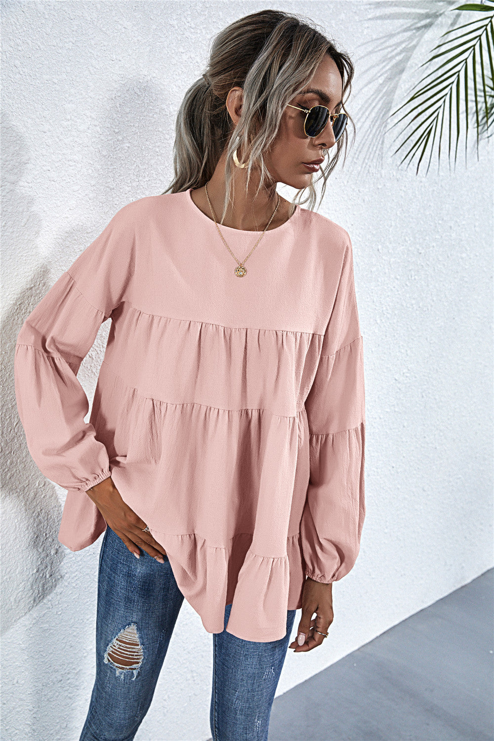 Gathered Ruffle Long Sleeve Blouse