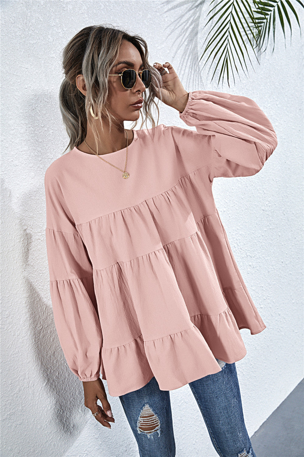 Gathered Ruffle Long Sleeve Blouse