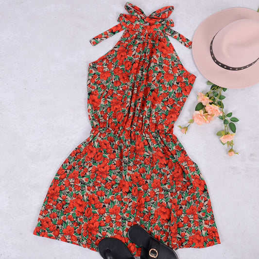 Halter Neck Tie Back Boho Floral Print Sleeveless Elastic Waist Mini Dress