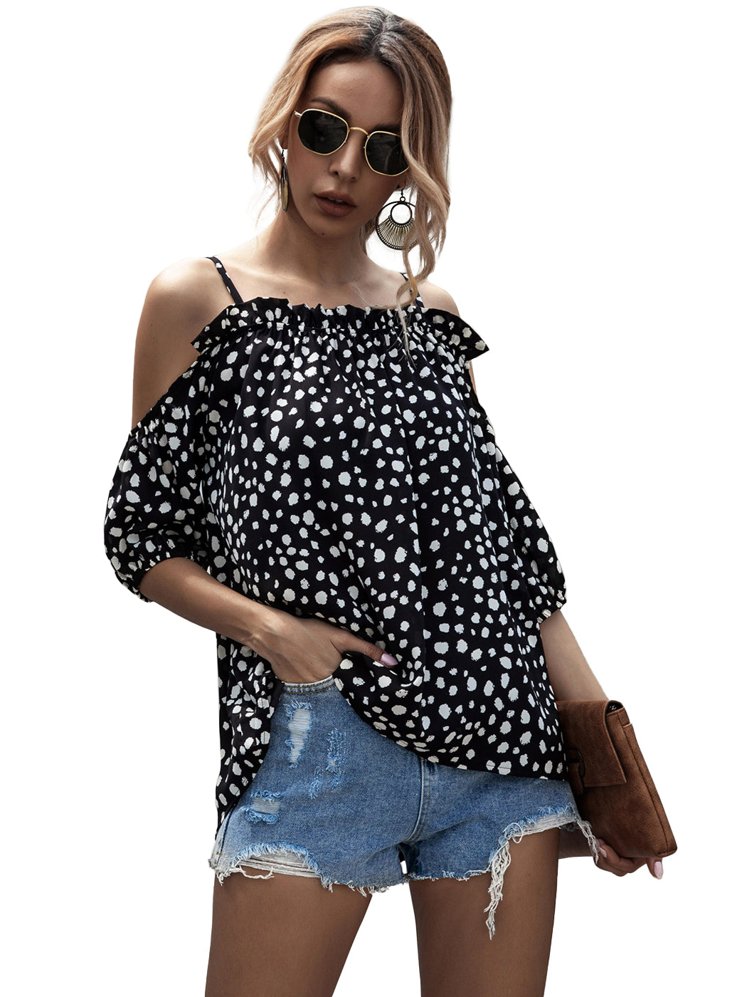 Off Shoulder Strappy Dot Blouse