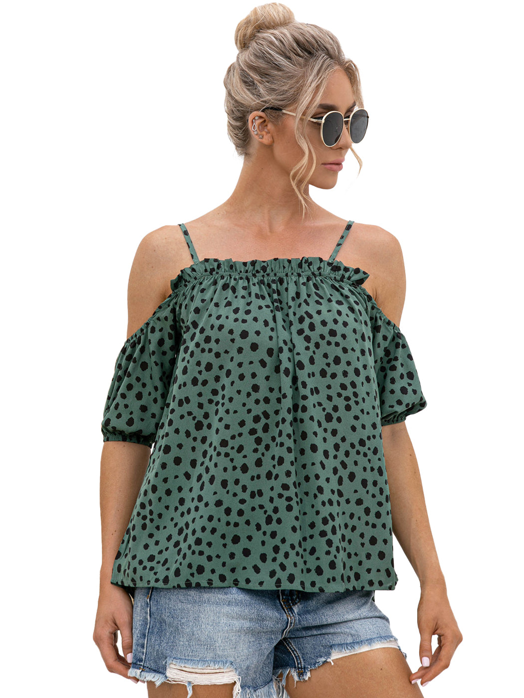 Off Shoulder Strappy Dot Blouse