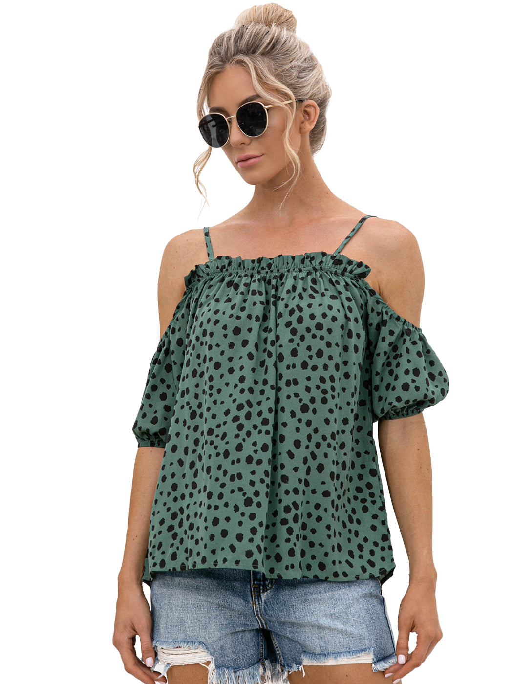 Off Shoulder Strappy Dot Blouse