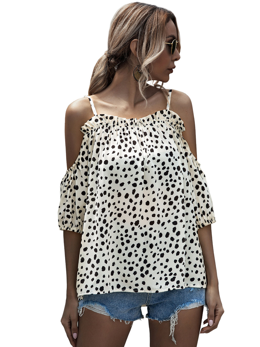 Off Shoulder Strappy Dot Blouse