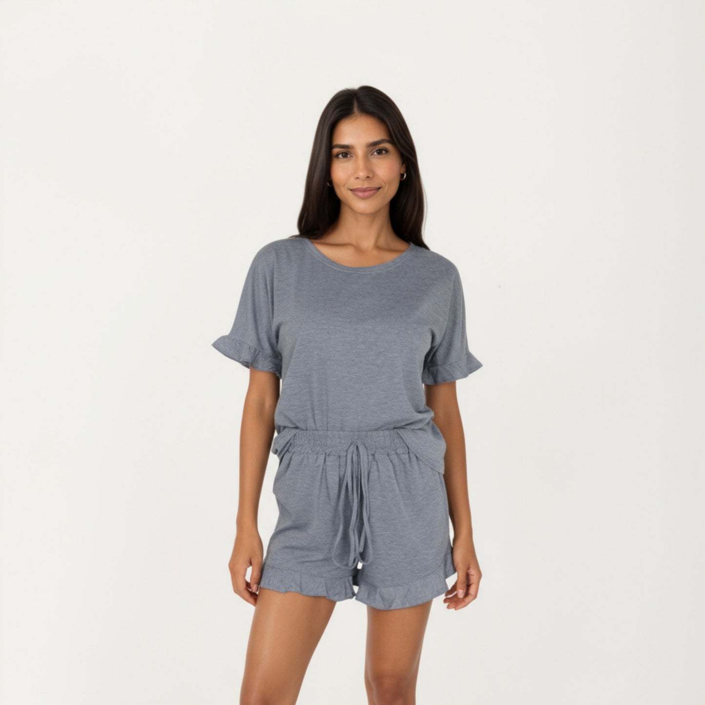 Short Sleeve Ruffle Hem Top and Drawstring Shorts Lounge Set