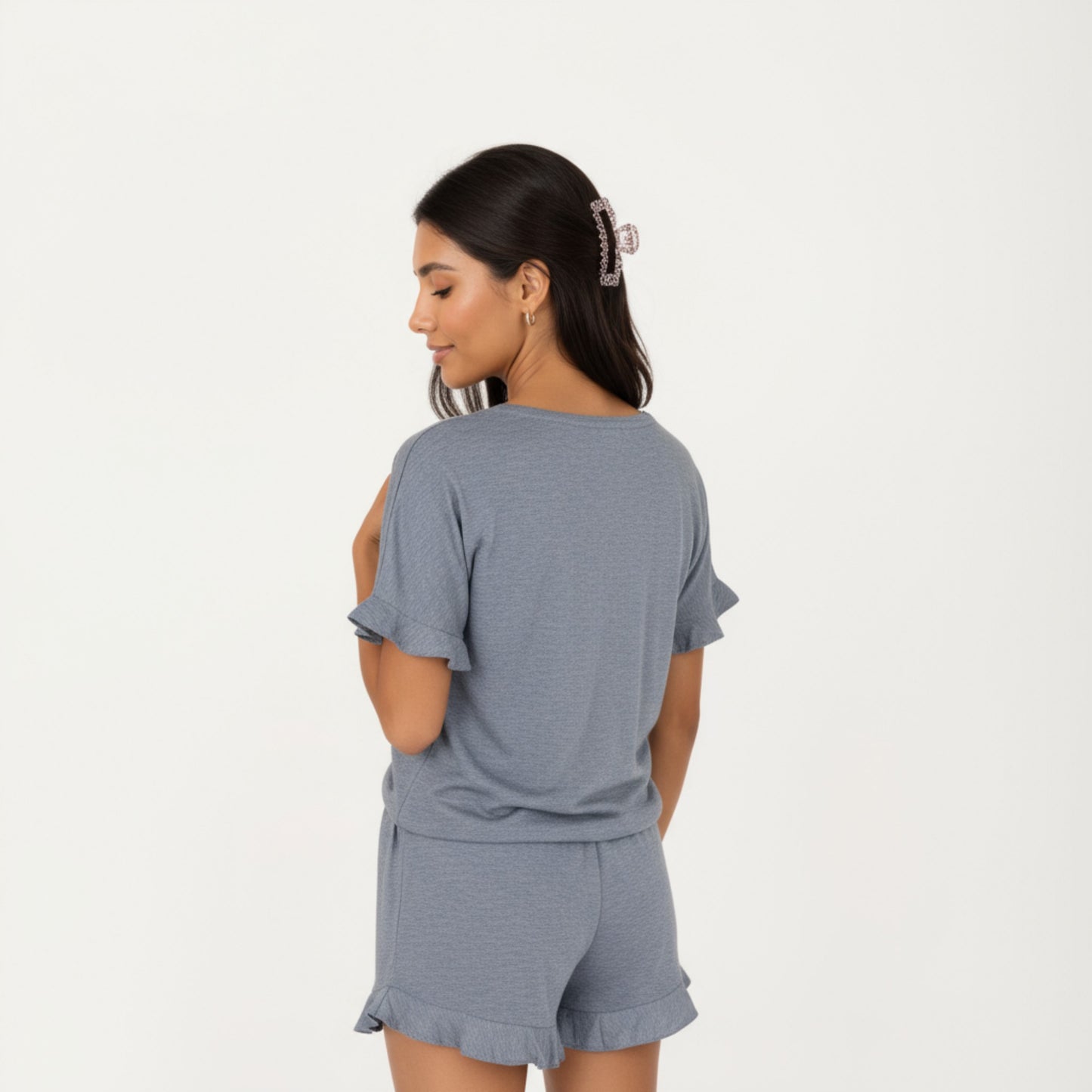 Short Sleeve Ruffle Hem Top and Drawstring Shorts Lounge Set