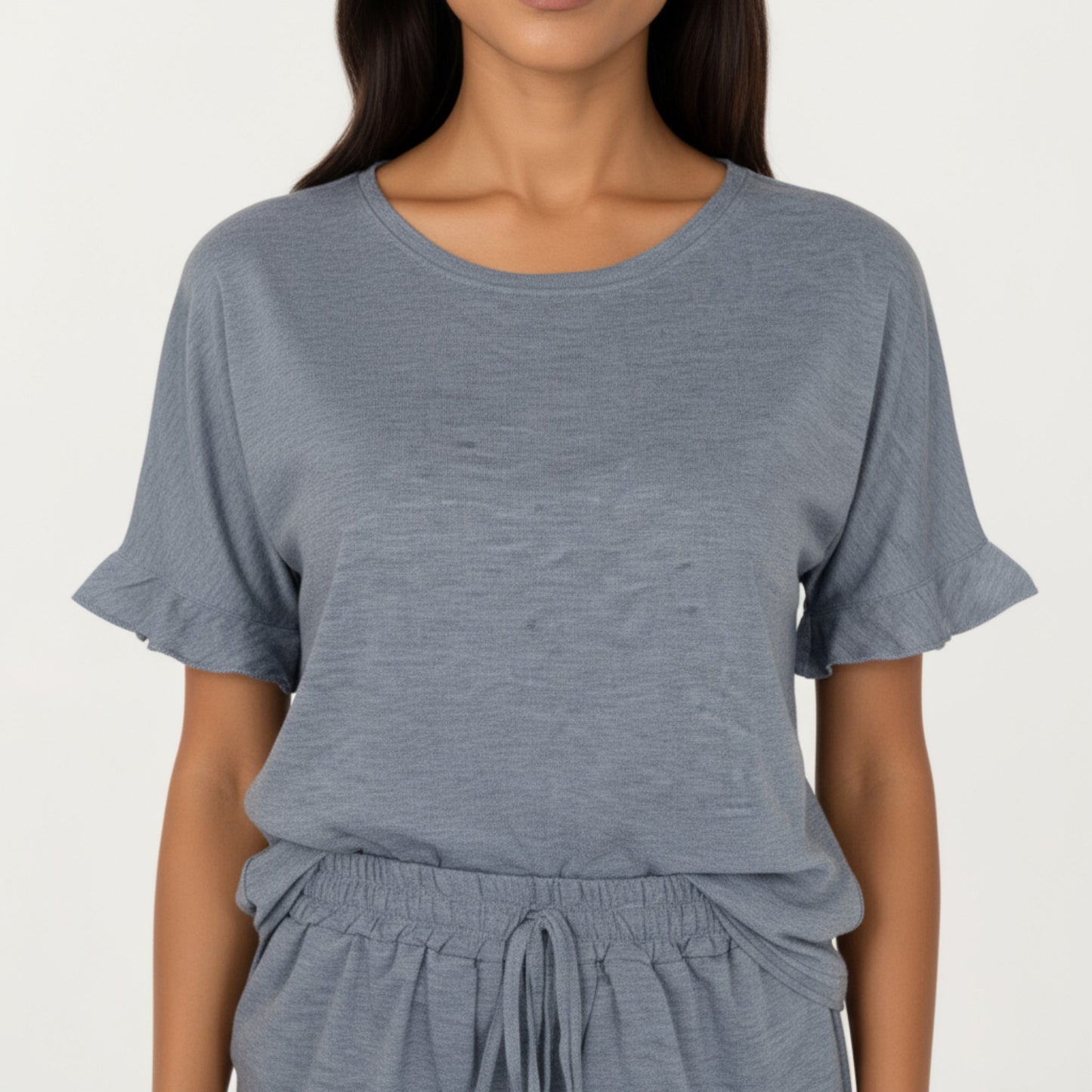 Short Sleeve Ruffle Hem Top and Drawstring Shorts Lounge Set