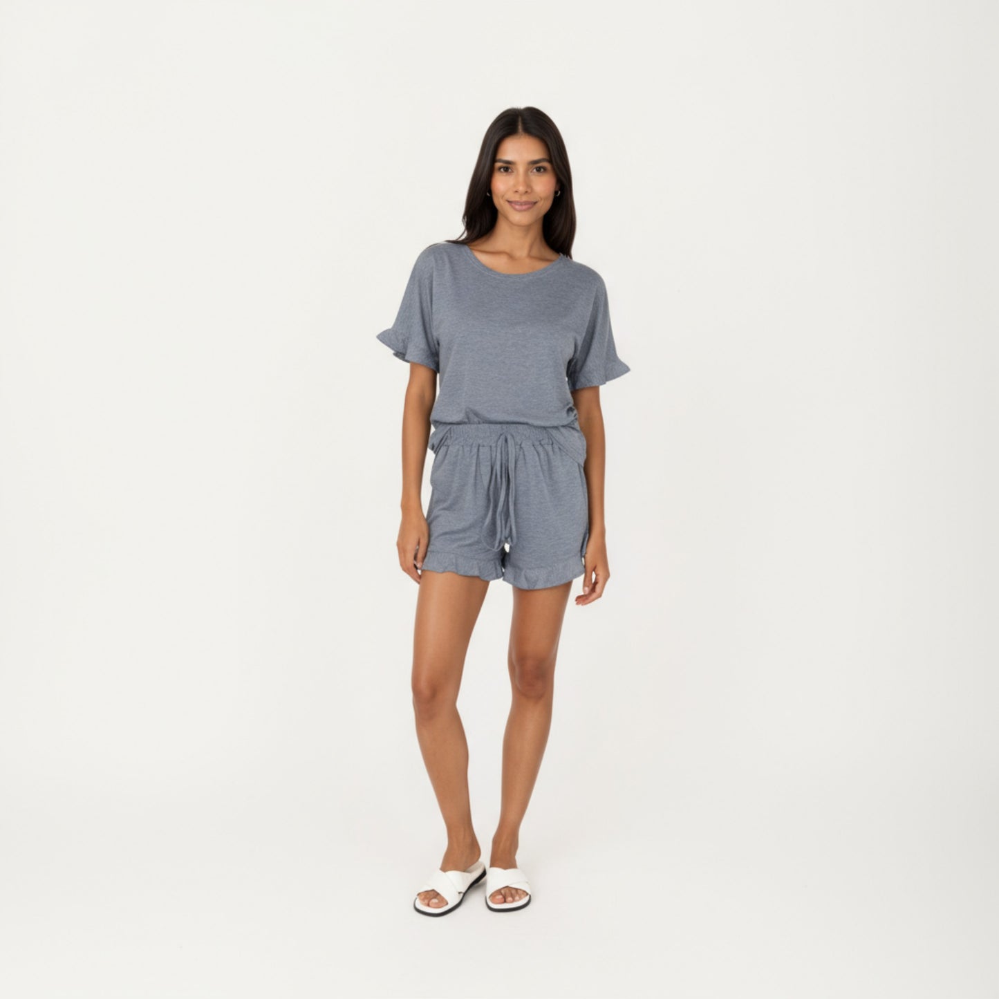 Short Sleeve Ruffle Hem Top and Drawstring Shorts Lounge Set