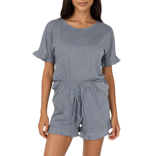 Short Sleeve Ruffle Hem Top and Drawstring Shorts Lounge Set