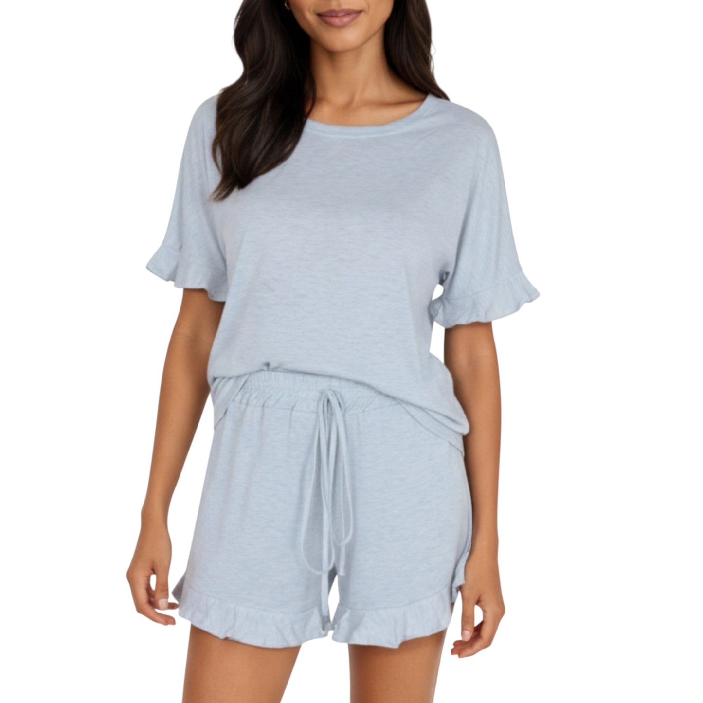 Short Sleeve Ruffle Hem Top and Drawstring Shorts Lounge Set