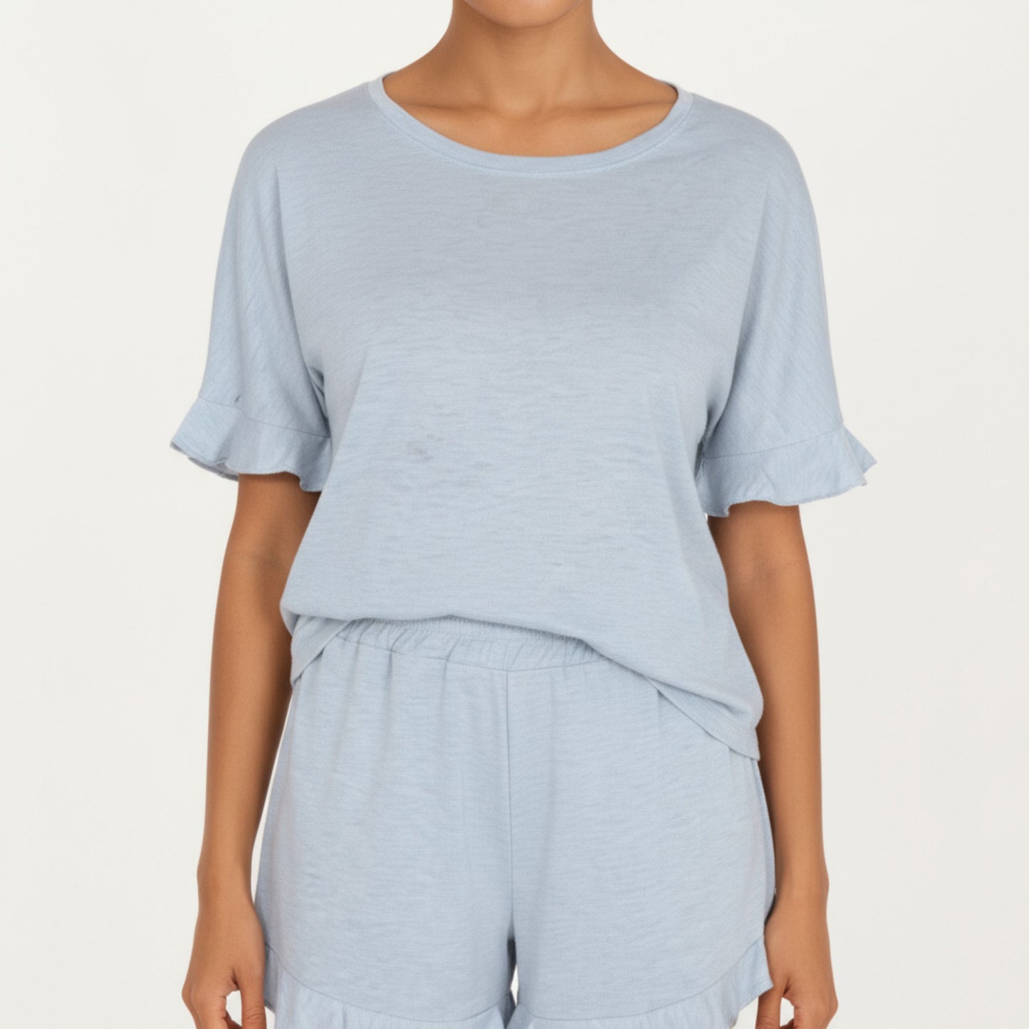 Short Sleeve Ruffle Hem Top and Drawstring Shorts Lounge Set