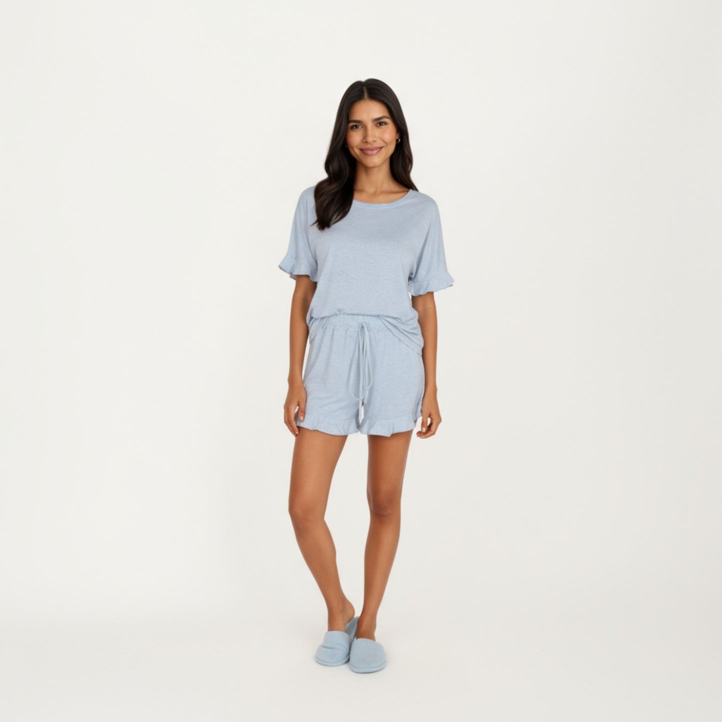 Short Sleeve Ruffle Hem Top and Drawstring Shorts Lounge Set