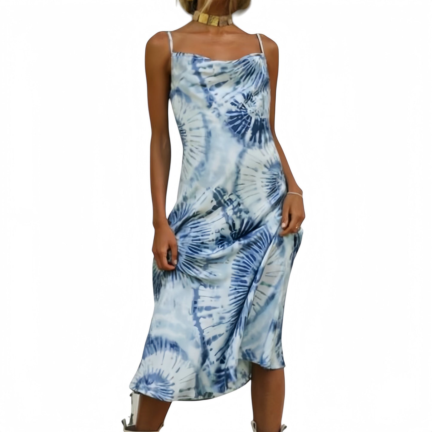 Tie Dye Midi Slip Dress with Cowl Neckline and Spaghetti Straps