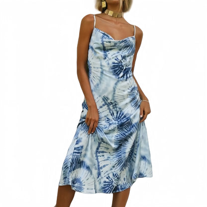 Tie Dye Midi Slip Dress with Cowl Neckline and Spaghetti Straps