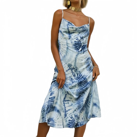 Tie Dye Midi Slip Dress with Cowl Neckline and Spaghetti Straps