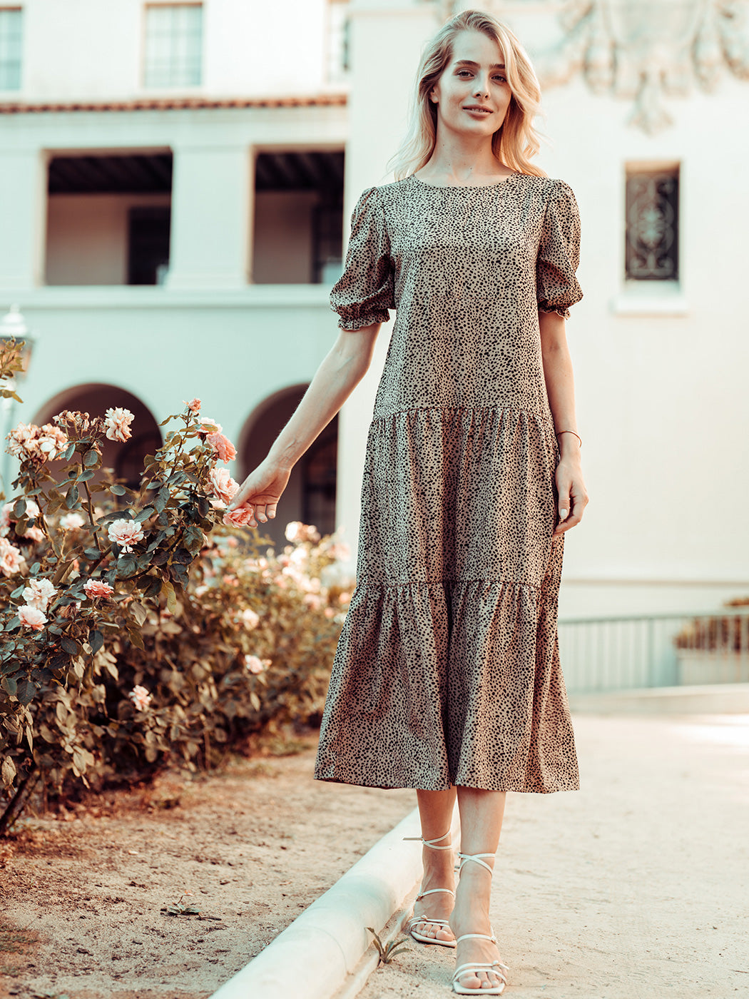 Soft Dot Print Short Sleeve Maxi Dress