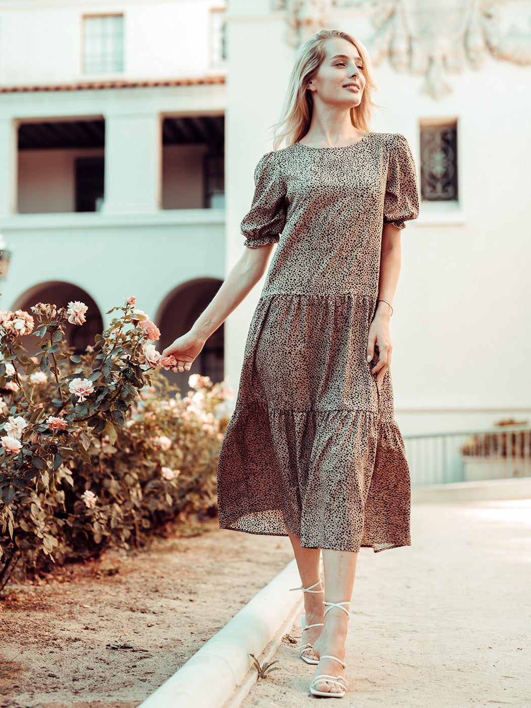 Soft Dot Print Short Sleeve Maxi Dress