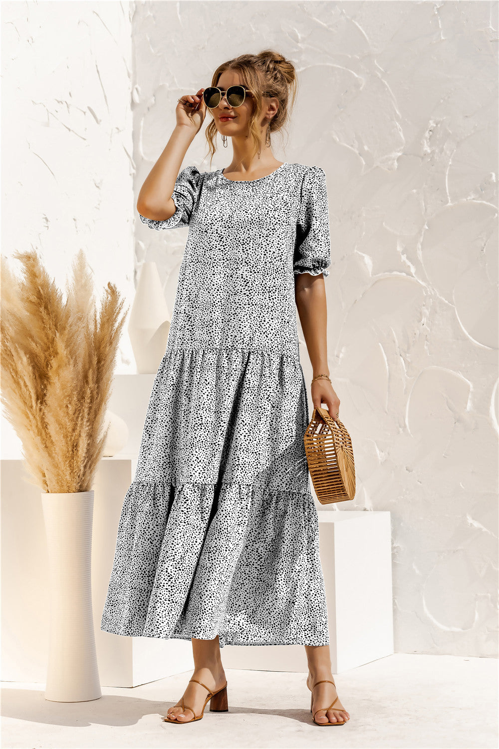 Soft Dot Print Short Sleeve Maxi Dress