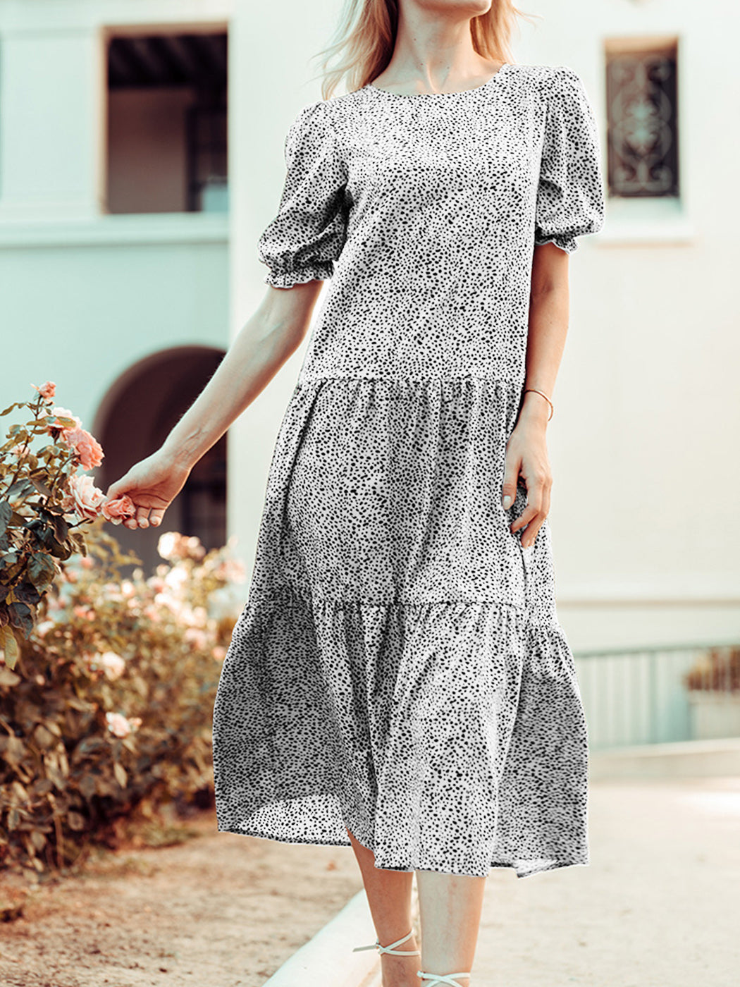 Soft Dot Print Short Sleeve Maxi Dress