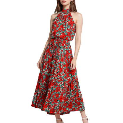 Halter Neck Floral Maxi Dress with Waist Tie and Flowing Skirt