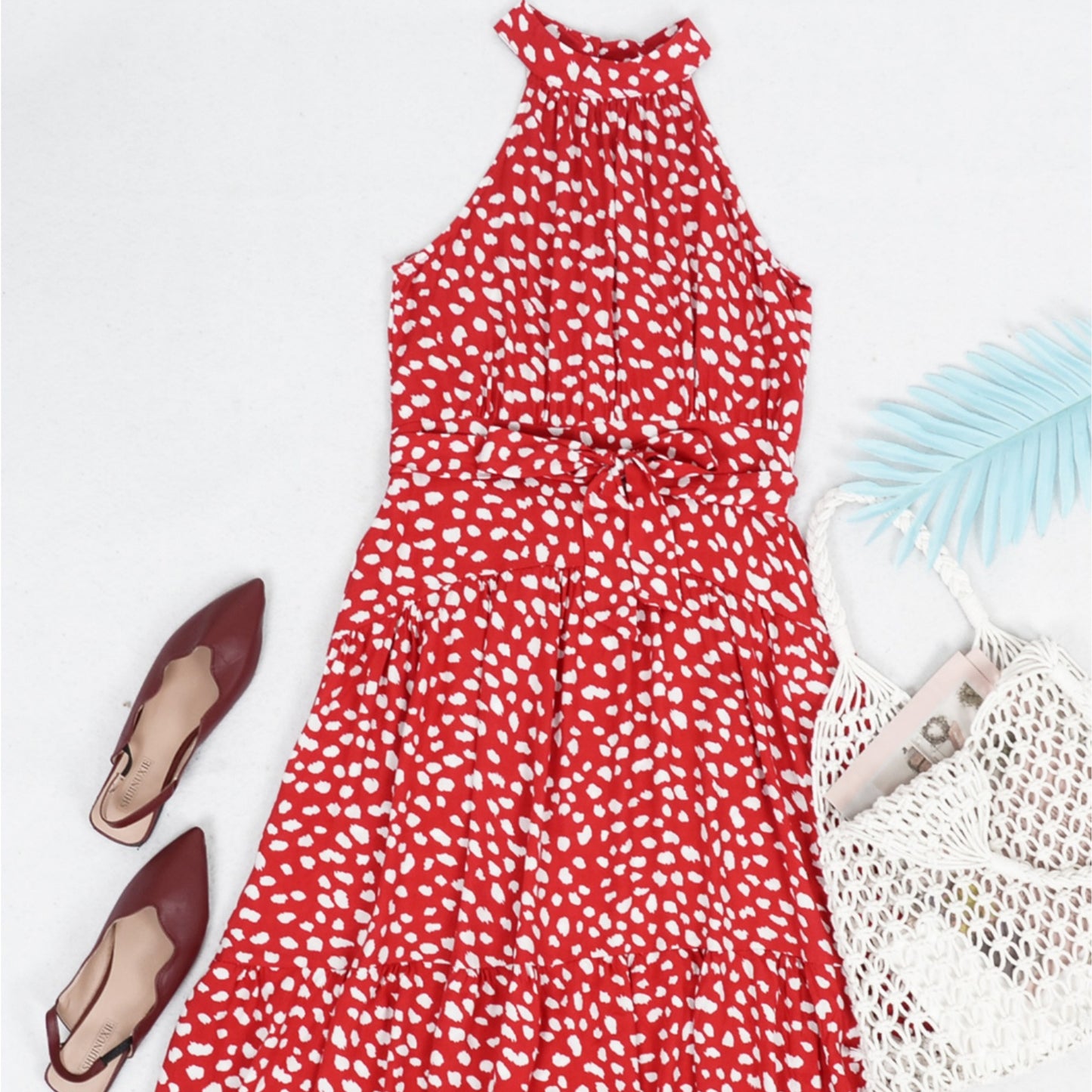 Halter Neck Floral Maxi Dress with Waist Tie and Flowing Skirt