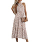 Halter Neck Floral Maxi Dress with Waist Tie and Flowing Skirt
