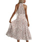 Halter Neck Floral Maxi Dress with Waist Tie and Flowing Skirt