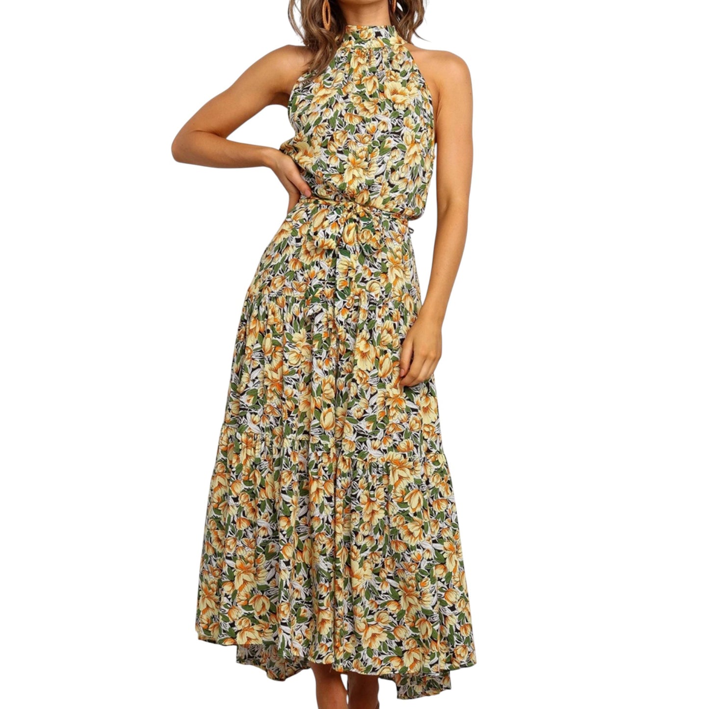 Halter Neck Floral Maxi Dress with Waist Tie and Flowing Skirt