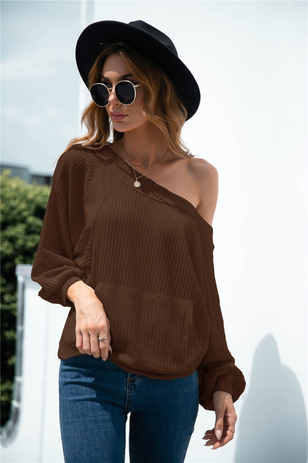 One Shoulder Waffle Knit Sweater