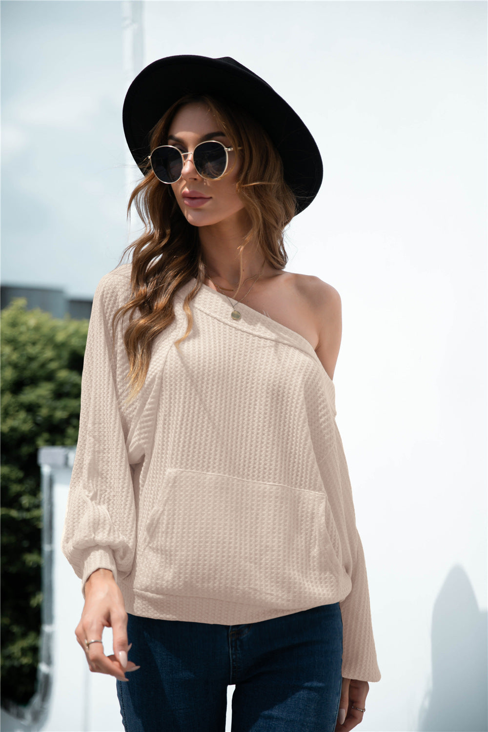 One Shoulder Waffle Knit Sweater