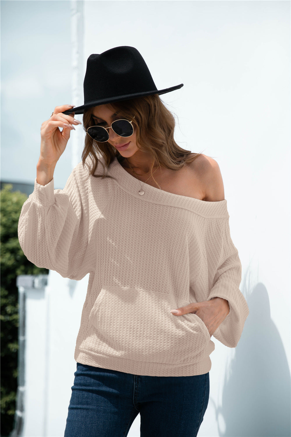 One Shoulder Waffle Knit Sweater