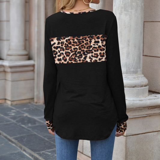Long Sleeve Pullover Top with Leopard Print Chest Panel and Cuff Accents