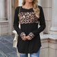 Long Sleeve Pullover Top with Leopard Print Chest Panel and Cuff Accents